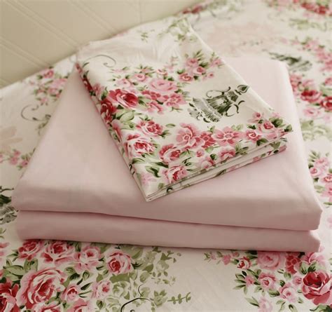 FADFAY Shabby Floral Bedding Set Queen Size Sheet Set 4 Piece Premium 100% Cotton Pink Rose ...