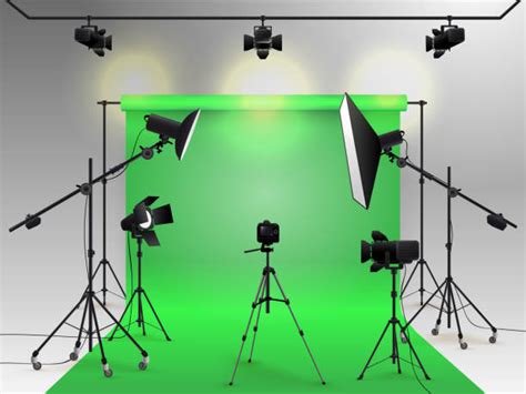 Modern TV Studio Green Screen Chroma Key Background With Camera And Light Equipment ...