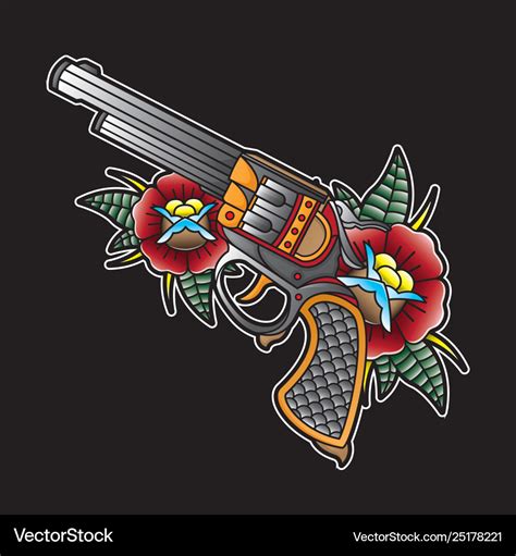 Printvintage pistol flash tattoo Royalty Free Vector Image