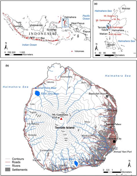 a Five active volcanoes in Maluku Utara, Indonesia and b settlements ...