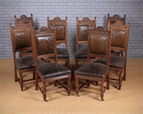 Set Of Eight Oak & Leather Dining Chairs C.1890. - Antiques Atlas