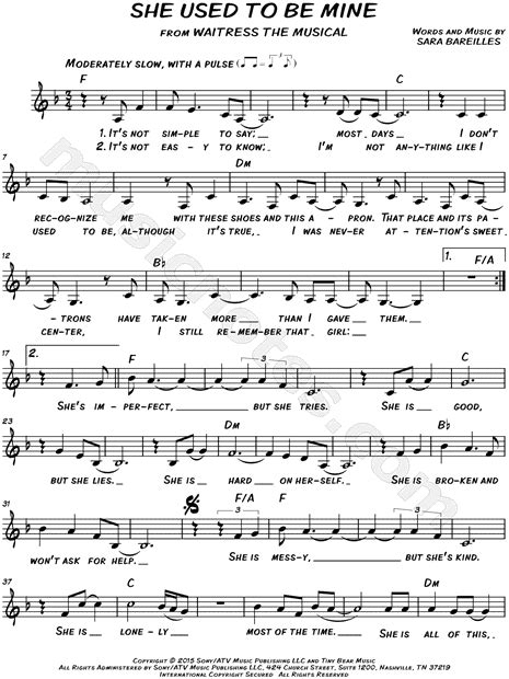 Sara Bareilles "She Used To Be Mine" Sheet Music (Leadsheet) in F Major ...