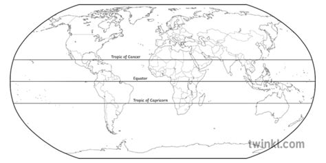 Robinson Projection World Map WithTropics and Equator Geography KS2 Black