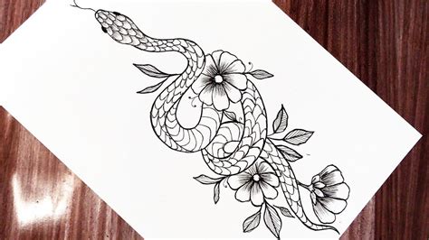 How to draw a snake tattoo || snake with flowers drawing|| tattoo drawing