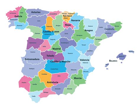 The detailed map of the Spain with regions or states and cities ...