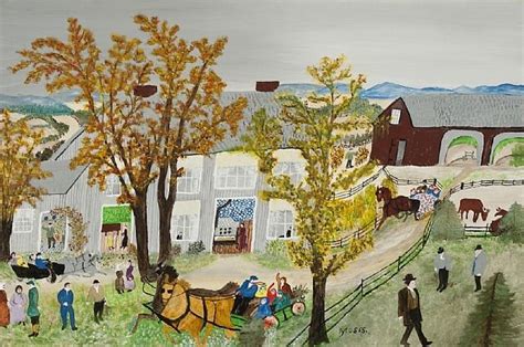 a painting of people and horses on a farm