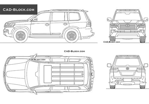 Toyota Land Cruiser 200 CAD Block, Car in plan, rear, front, view