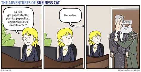 the adventures of business cat comic strip with two women talking to each other and one man in