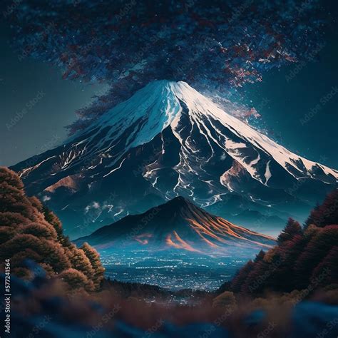 Mount Fuji volcano at Japan, generative AI art Stock Illustration ...