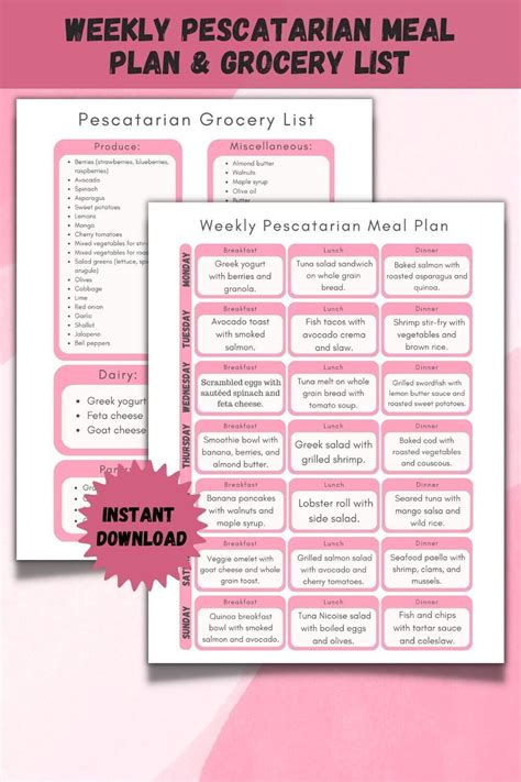 Weekly Pescatarian Meal Plan & Grocery List Printable, Shopping List, Breakfast Lunch and Dinner ...