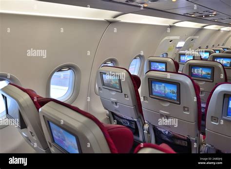 Doha, Qatar - Nov 17. 2019. Salon Airbus A320 Economy class of Qatar ...