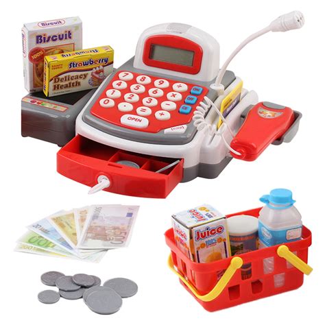 Vokodo Toy Cash Register With Microphone Calculator Grocery Items Shopping Basket Scanner And ...