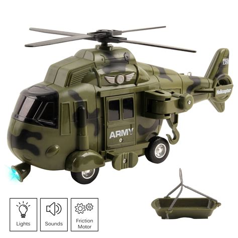 Vokodo Military Helicopter 11 With Lights Sounds Push And Go Includes Rescue Basket Durable Toy ...