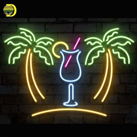 2019 Neon Sign Palm Tree With Cup Neon Bulb Sign Drink Handcrafted Beer Pub Decorate Windows ...