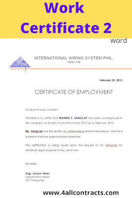 Work certificate sample word ( template )