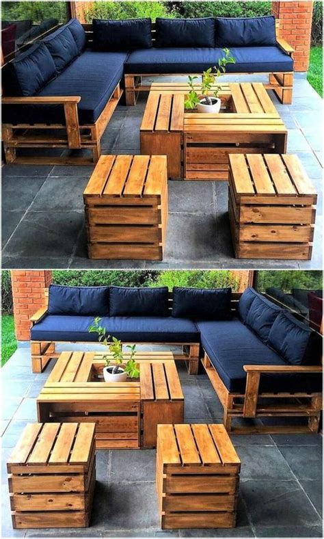 four different shots of a couch and coffee table made out of pallet ...