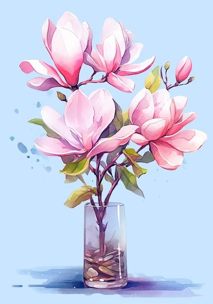 Premium Photo | A painting of a pink magnolia in a glass vase.