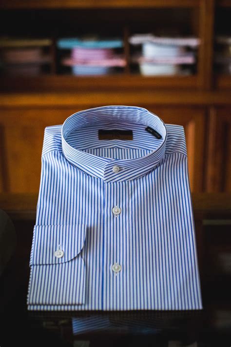 Striped band collar shirt. Bespoke choices are endless. - Ascot Chang | Banded collar shirts ...