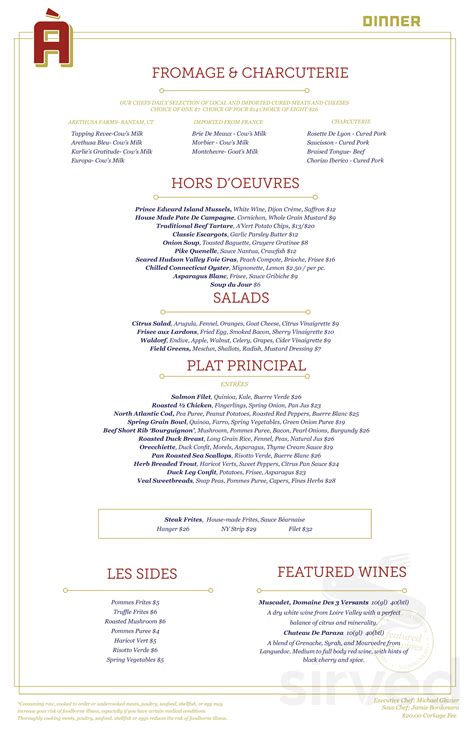 avert Brasserie menu in West Hartford, Connecticut, USA