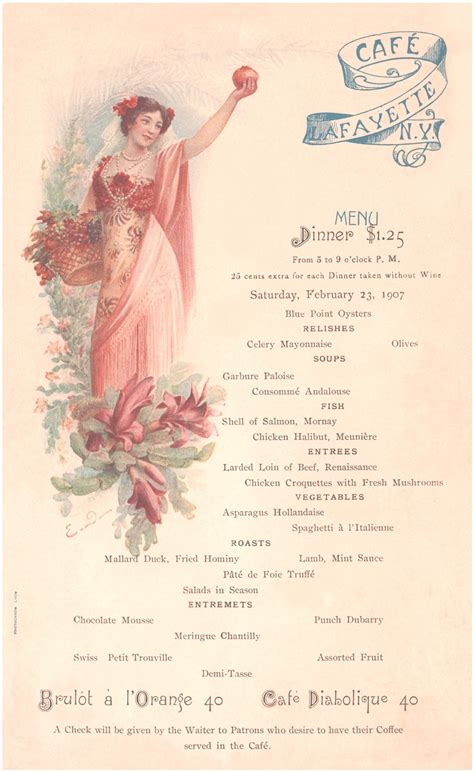 Café Lafayette, New York February 1907 – Vintage Menu Art