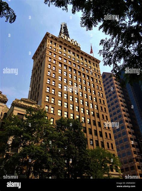 Downtown City Skyline and Main Street Stock Photo - Alamy