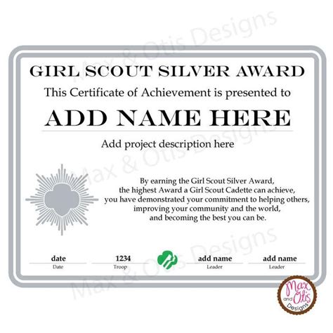 Girl Scout Cadette Printable Silver Award Certificate (editable PDF ...