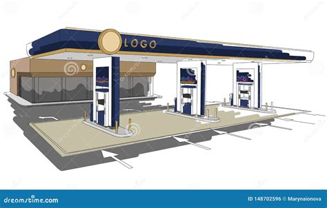 Gas Station Detailed Drawing Illustration, Colorful, Isolated Stock Illustration - Illustration ...