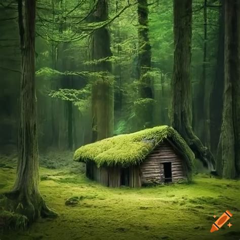 Small hut in the midst of forest, covered in mosses, big trees ...