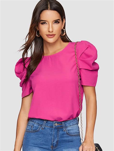 Neon Pink Keyhole Back Puff Sleeve Top