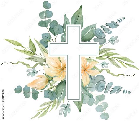 Religious cross with greenery and flowers watercolor illustration Stock Illustration | Adobe Stock