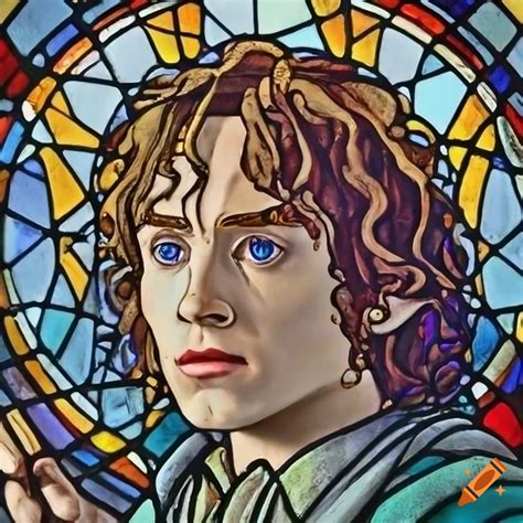 Stained glass window of frodo with blue sword on Craiyon