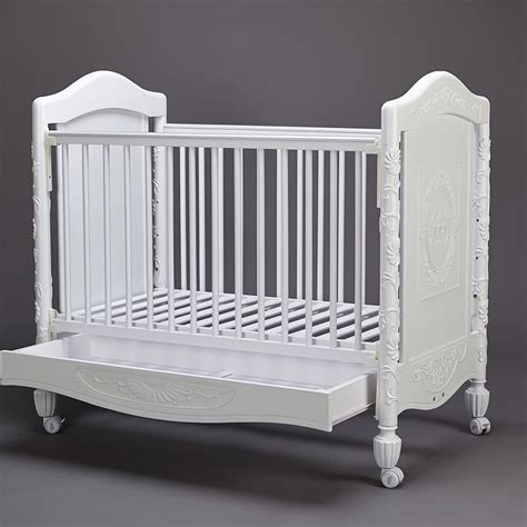 White Solid Wood Baby Crib on Wheels and with Drawer