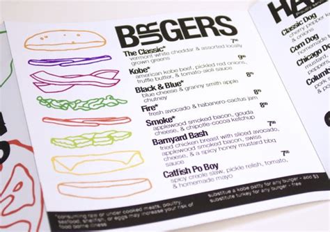 an open menu for burgers on a table