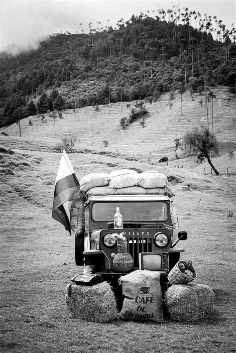 jeep, black and white, peasant, hard work, tourism, colombia, flag, mountain, palm tree, coffee ...