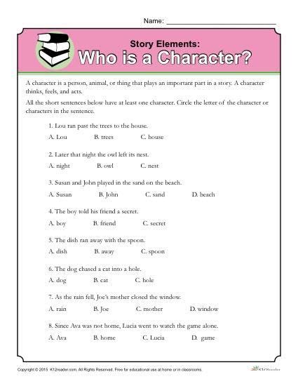 the story elements worksheet is shown in pink and white, which includes an image of