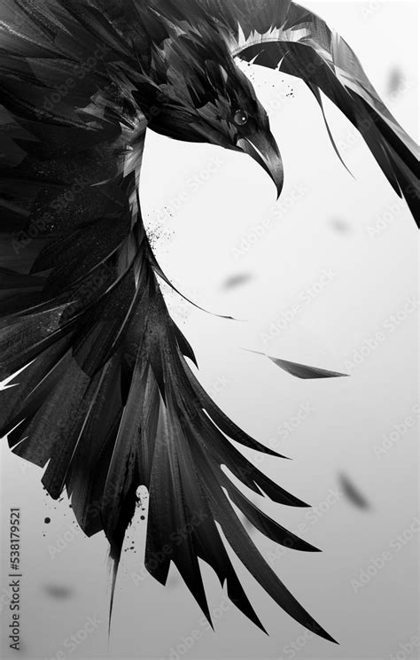 drawn bird raven in fast flight with wings Stock Illustration | Adobe Stock