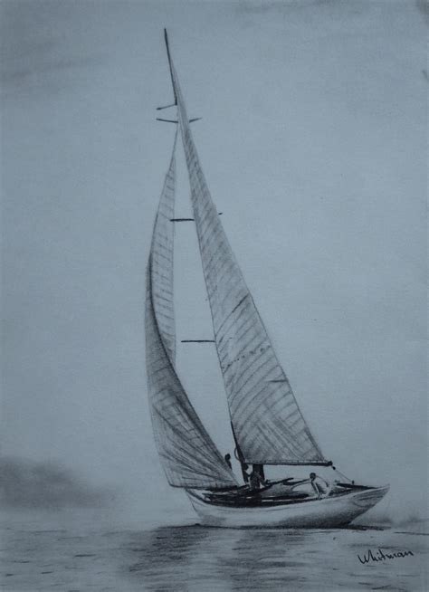 $30 Sailing yacht sketch, full sails, misty shore, water reflections. Original art, graphite ...