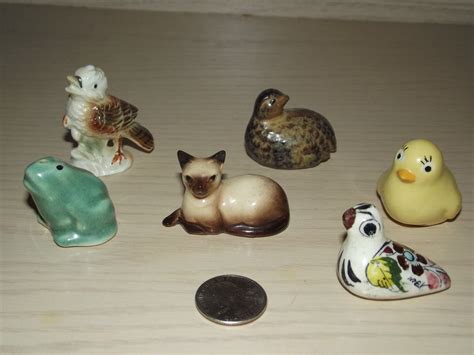 Six Small Vintage Ceramic Animal Figurines Frog-Quail-Siamese