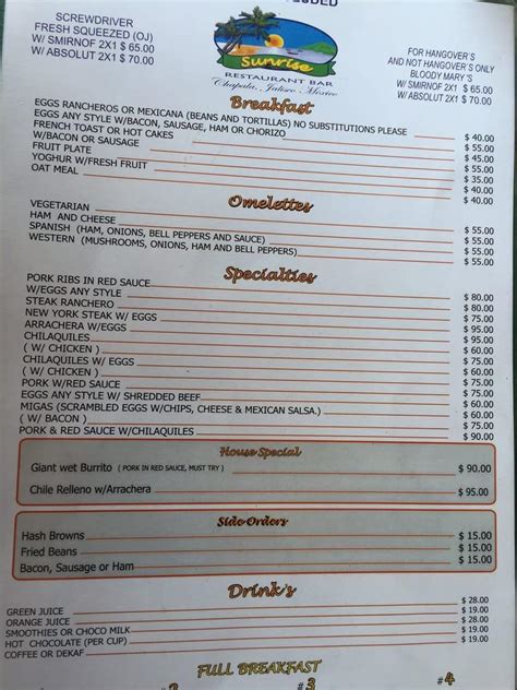 Menu at Sunrise Restaurant, San Antonio Tlayacapan