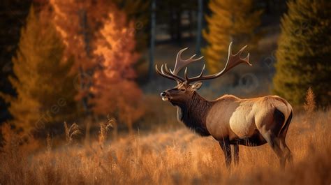 The Elk Is Standing In A Field With Autumn Trees Background, Beautiful ...