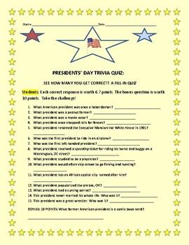 PRESIDENTS' DAY TRIVIA QUIZ: A FILL-IN QUIZ W/BONUS QUESTION | TpT