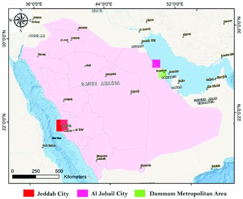 Map of Saudi Arabia illustrating the cities of Jeddah, Jubail, and Dammam. | Download Scientific ...