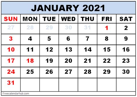 January 2021 Calendar With Holidays