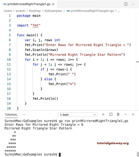 Go Program to Print Mirrored Right Triangle Pattern