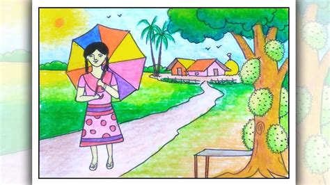 Summer Season Scenery Drawing For Class 6 / How to draw simple scenery for beginners, village ...