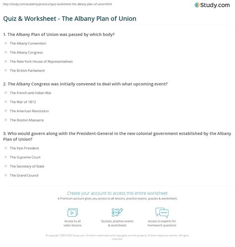 Quiz & Worksheet - The Albany Plan of Union | Study.com