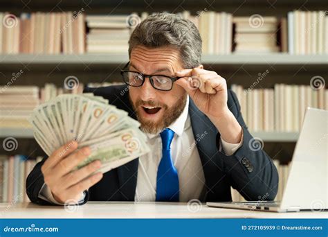 Funny Amazed Excited Business Man Hold Money in Office. Rich Man in ...