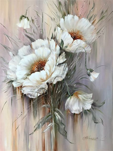 Grande Peinture de Fleurs Abstraites Fleurs Blanches Art Mural - Etsy France Floral Oil ...