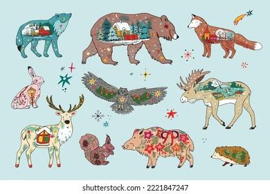 Forest Animals Christmas Winter Vector Illustrations Stock Vector ...