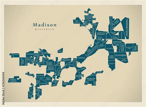 Modern City Map - Madison Wisconsin city of the USA with neighborhoods ...